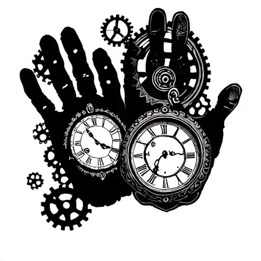 Children's Hand Prints With Clocks And Cogs In Background