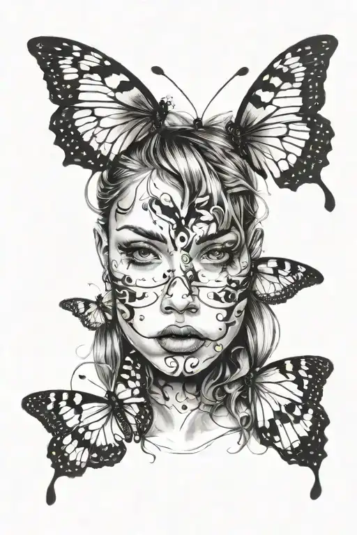 Girl's Face Covered By Butterfly In Paints
