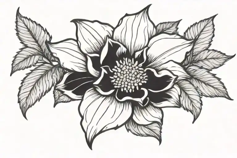 Black Dahlia Flower With Leaves