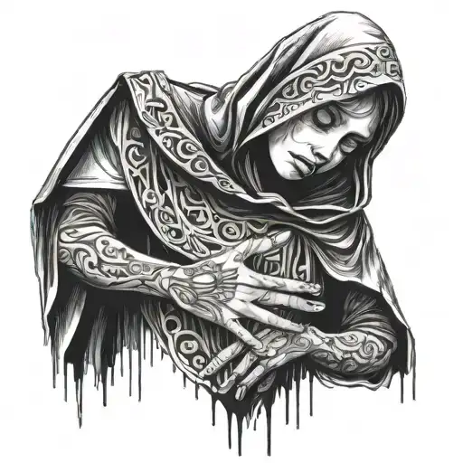 Cloaked Woman With Reaching Hands Surrounded