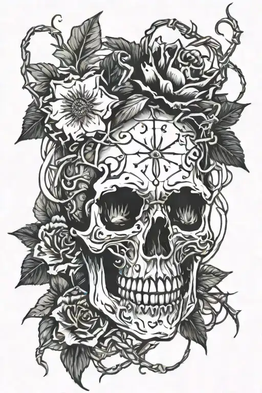 Skull And Flowers And Barbed Wire And Spider Crawling