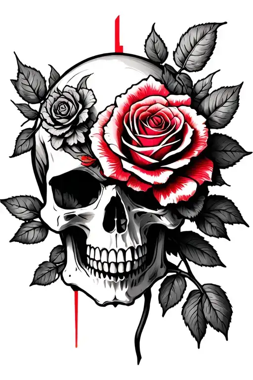 Skull And With Wilting Rose Growing Through The Eye And A Thin Redline Running Down One Side