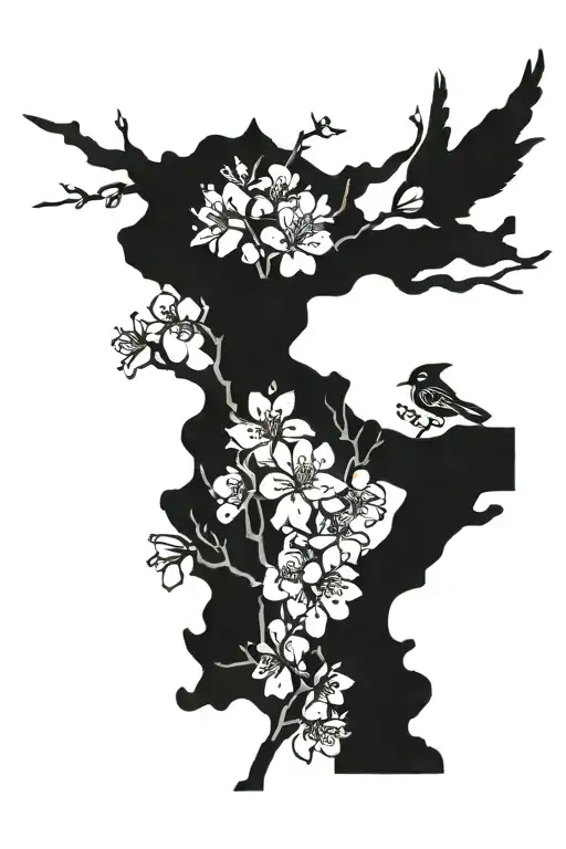 Cherry Blossom Branch With Phenoix Rising Bird At The Bottom