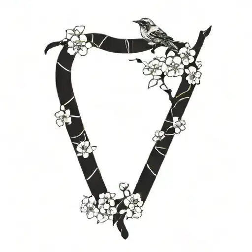 Cherry Blossom Branch With Phenoix Rising Bird At The Bottom