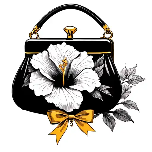 Hibiscus Tattoo With Black Purse And Gold Bow