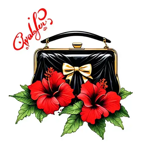 Red Hibiscus Tattoo Around Black Purse And Gold Bow
