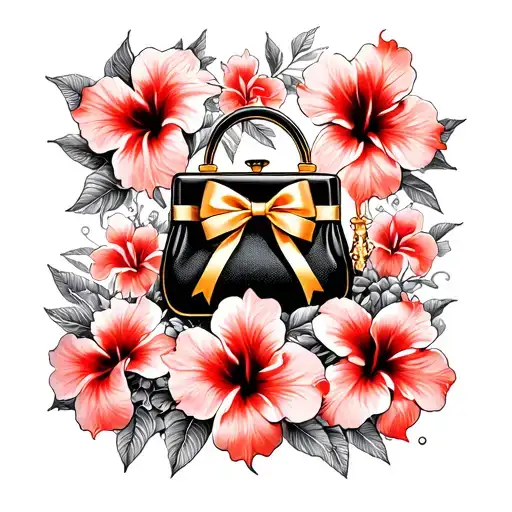 Multiple Red Hibiscus Flowers Around Black Purse And Gold Bow