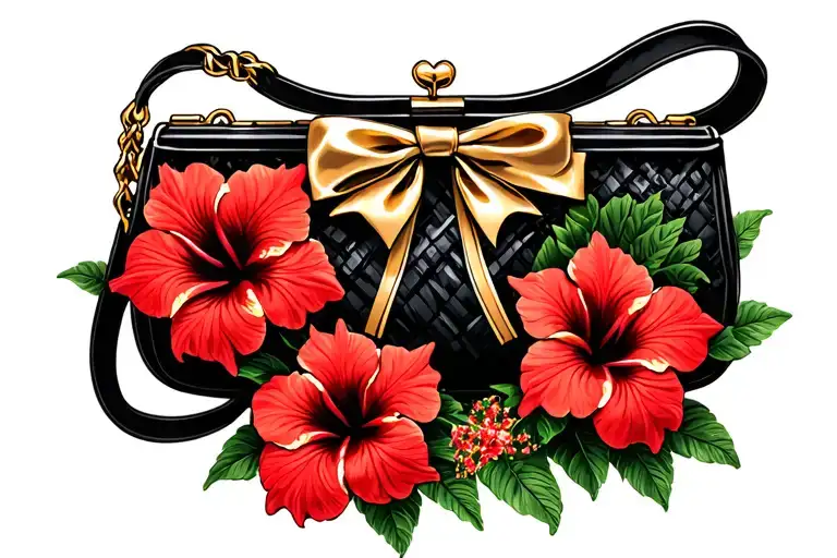 Multiple Red Hibiscus Flowers Around Black Purse And Gold Bow