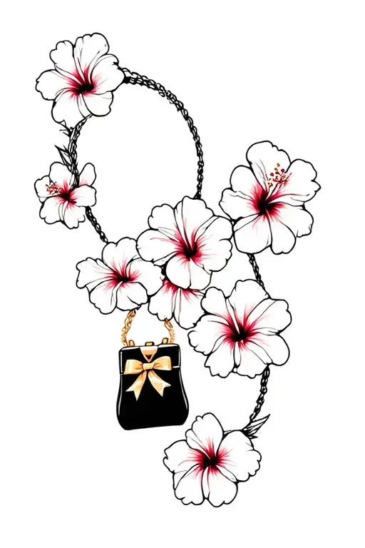 Multiple Hibiscus Flowers Around Black Purse And Gold Bow