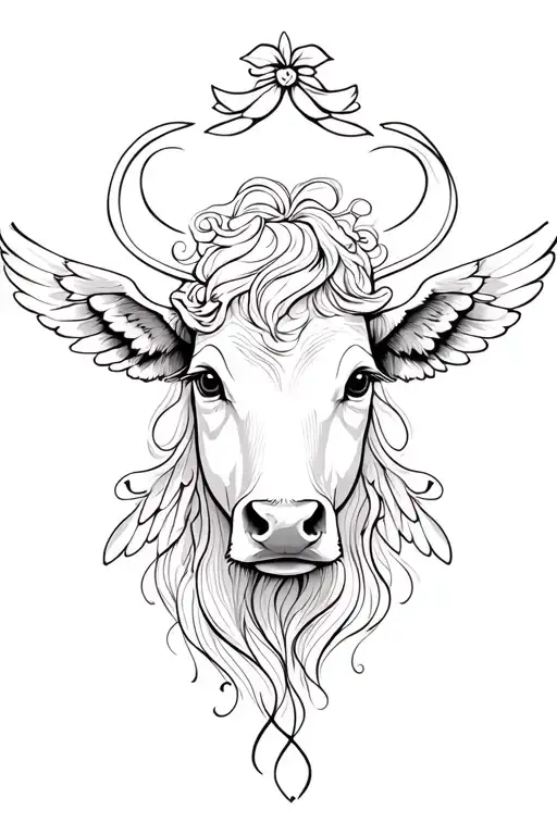 Female Cow Head Thin Lines Stencil Feminine Beautiful With Angel Wings Simple