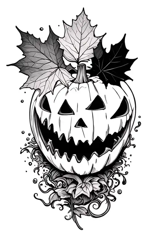 Grinning Jack O Lantern And Maple Leaf