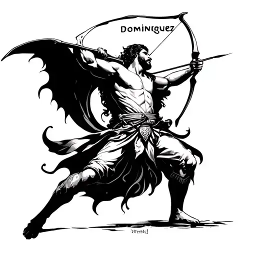 Sagitarius Holding His Bow Tattoo With The Words Dominguez Fighting