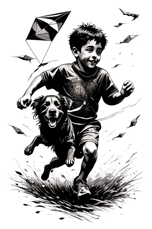 Boy And Dog Running - With Kite