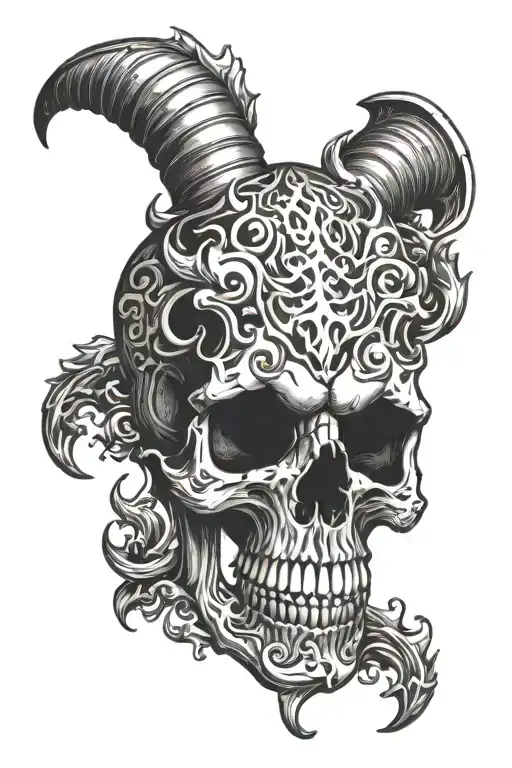 Skull With Horn And Fire Flames