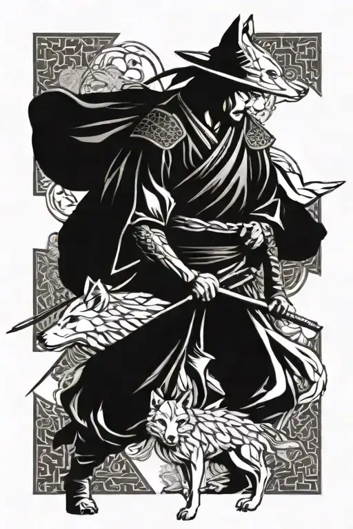 Samurai Warrior With Wolf Origami Style