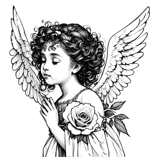Un Angel Bebe Rezando Con Una Rosa
