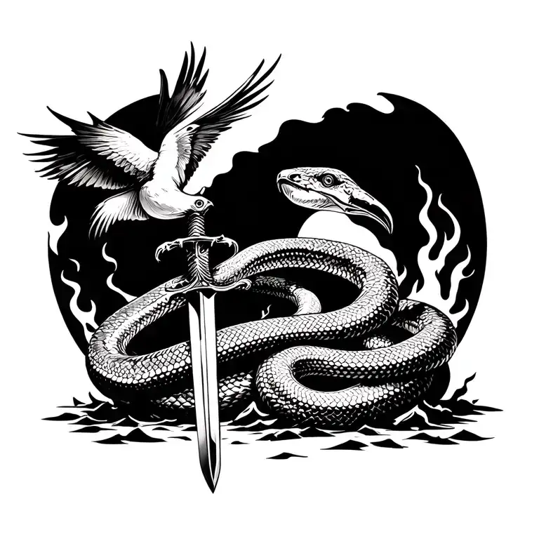Snake Wrapped Around Sword With Phenoix Bird Rising From Ashes