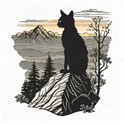 A Silhouette Of A Cat Sitting On A Mountain Peak At Sunset