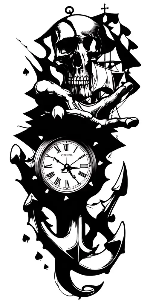 Skull Poker Hands Clock Melting Ship Anchor Intertwined