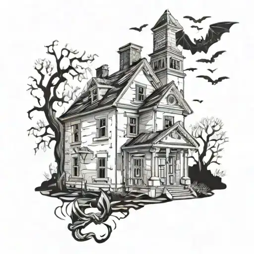 A Haunted Schoolhouse With Ghostly Figures And Bats Flying Around