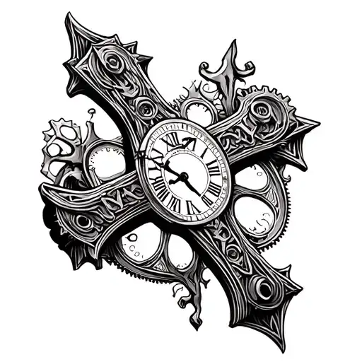 A Unique Cross Tattoo Design With A Clock Face And Gears Integrated Into The Design