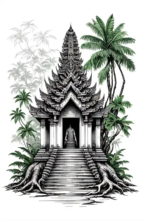 Khmer Temple With A Jungle Scene And Roots