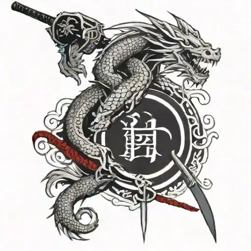 Katana And Dragon Color Red And Black