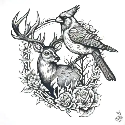 Cardinal And Deer With Fire
