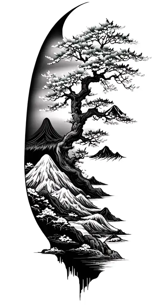 Buddist Symbols And Mountain And Sakura Tree