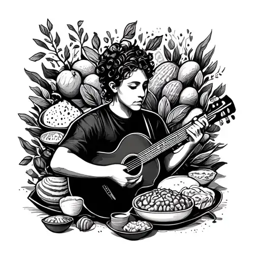 A Portrait Of A Person Playing A Musical Instrument Surrounded By Food Items In A Blackwork Style