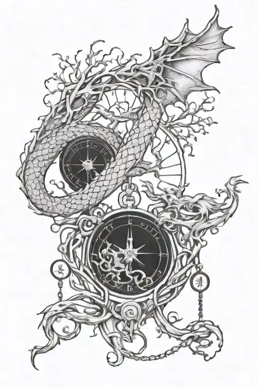 Dragon Embracing The Tree Of Life And In One Hand Holding A Compass And In The Other Broken Chains