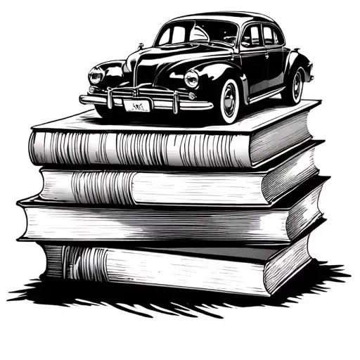 A Stack Of Books With A Vintage Car Driving Through Them