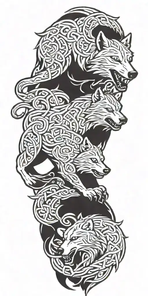 Nordic Knotwork Wolf Fighting A Bear