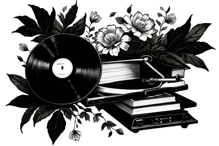 Record Player With Books Floating And Flowers