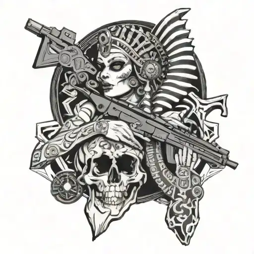 Betty Shahbaz Holding Ak 47 Gun Dressed Like Egyptian Queen Skull Surrounded By Hieroglyphics