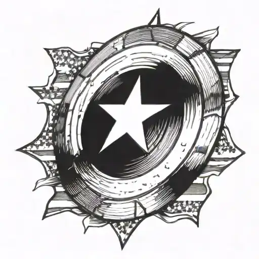 Captain America Shield In Front Of American Flag Flying