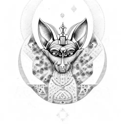 A Dotwork Design Of Anubis Surrounded By Ancient Egyptian Symbols Of Power