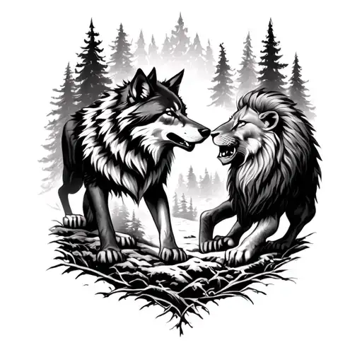 A Fierce Battle Scene Between A Wolf And A Lion In A Forest Setting