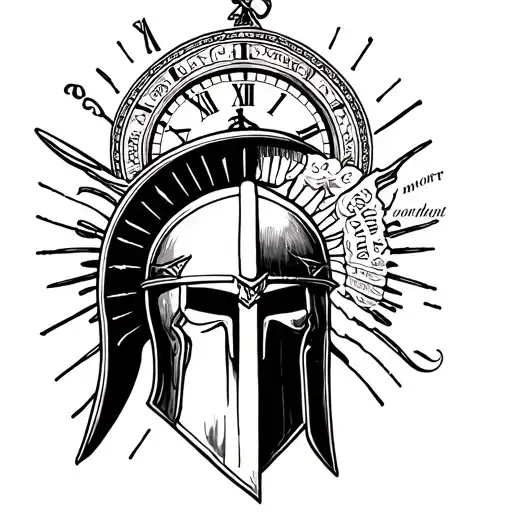 Spartan Helmet Upper Arm Tattoo With Roman Clock Above It And Momento Mori Written Somewhere