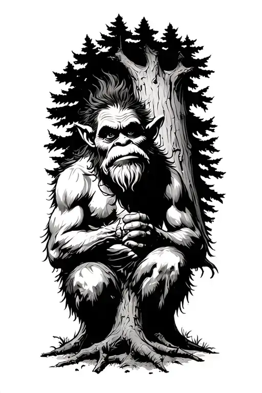 Norwegian Troll Sit At Foot Of A Tree