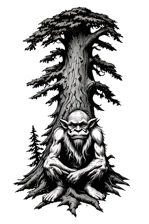 Norwegian Troll Sit At Foot Of A Tree