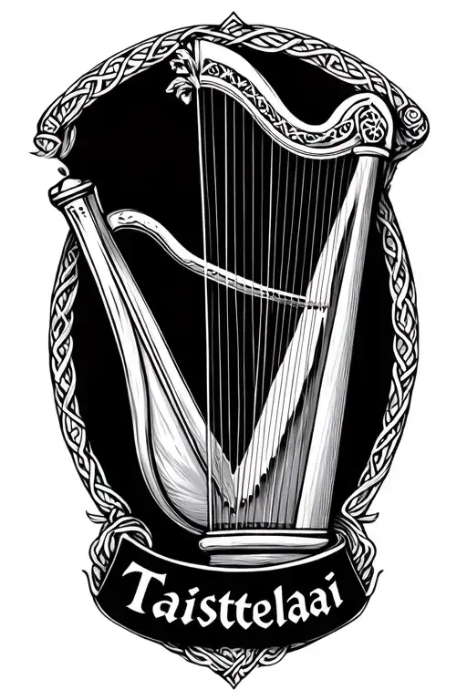 Irish Harp With Taistealai Text In Celtic Font