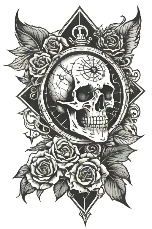 Skull Compass Clock Rose Intertwined