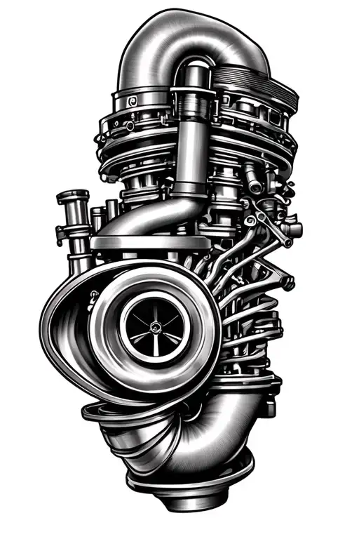 Large Turbocharger Surrounded By Pistons
