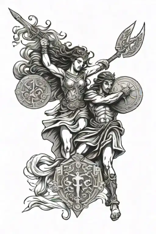 Greek Mythology Idpired Tattoo With Warrior With A Shield With Female Warrior Below With A Trident