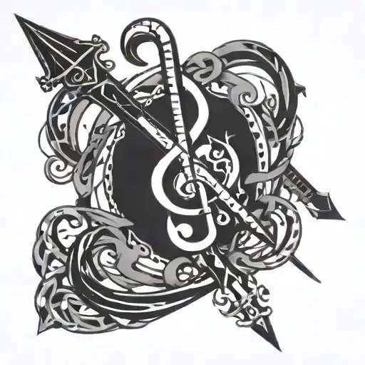 Incorporate A Stylized Music Note Intertwined With A Pixelated Sword