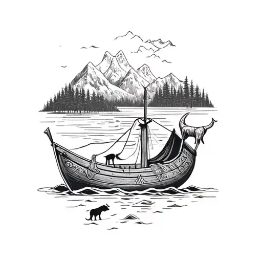 Viking Boat With Mountains In Background With Wooded Area And Animals And Nordic Symbols