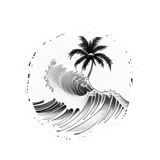 A Powerful Wave Crashing Against A Palm Tree On A Deserted Beach