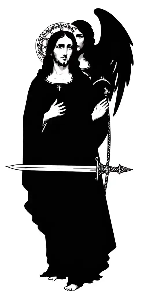 Jesus And Mother Mary And Michael Arch Angel Holding A Sword