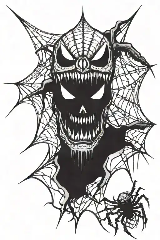 Spider Weaving A Web Next To A Creepy Smile And Showing Teeth